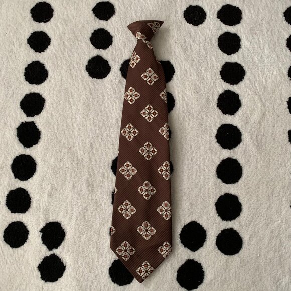 Vintage 60s Polyester Clip On Tie Brown Mod Disco Geometric Retro Wide Necktie - Picture 1 of 13